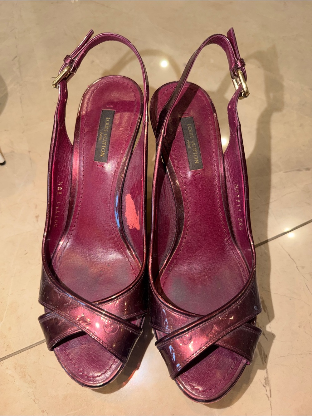 Louis Vuitton Metallic Plum Open-Toe Slingback Heels size 38.5